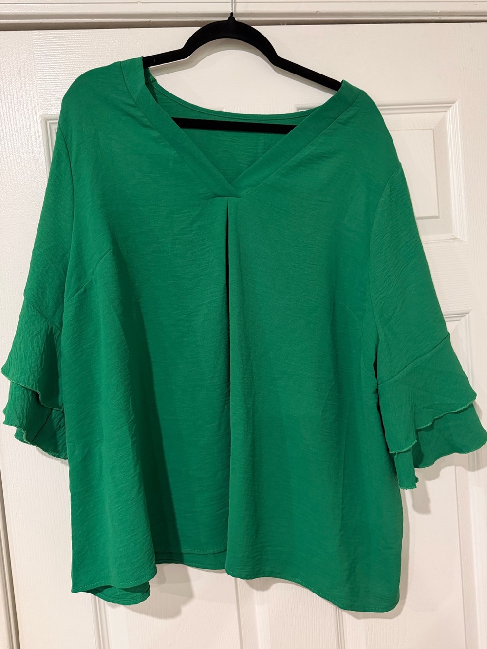 SHEIN Emerald Green V-Neck Ruffle Sleeve Blouse